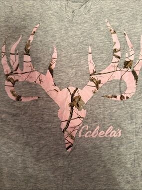 Cabela's Gray V-Neck Tee with Pink Camo Antler Graphic